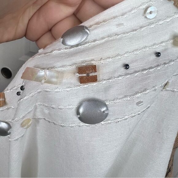 Sz M Gretchen Scott Linen Blend White Shell& Rock Embellished 3/4 Sleeve Blouse - Picture 4 of 16